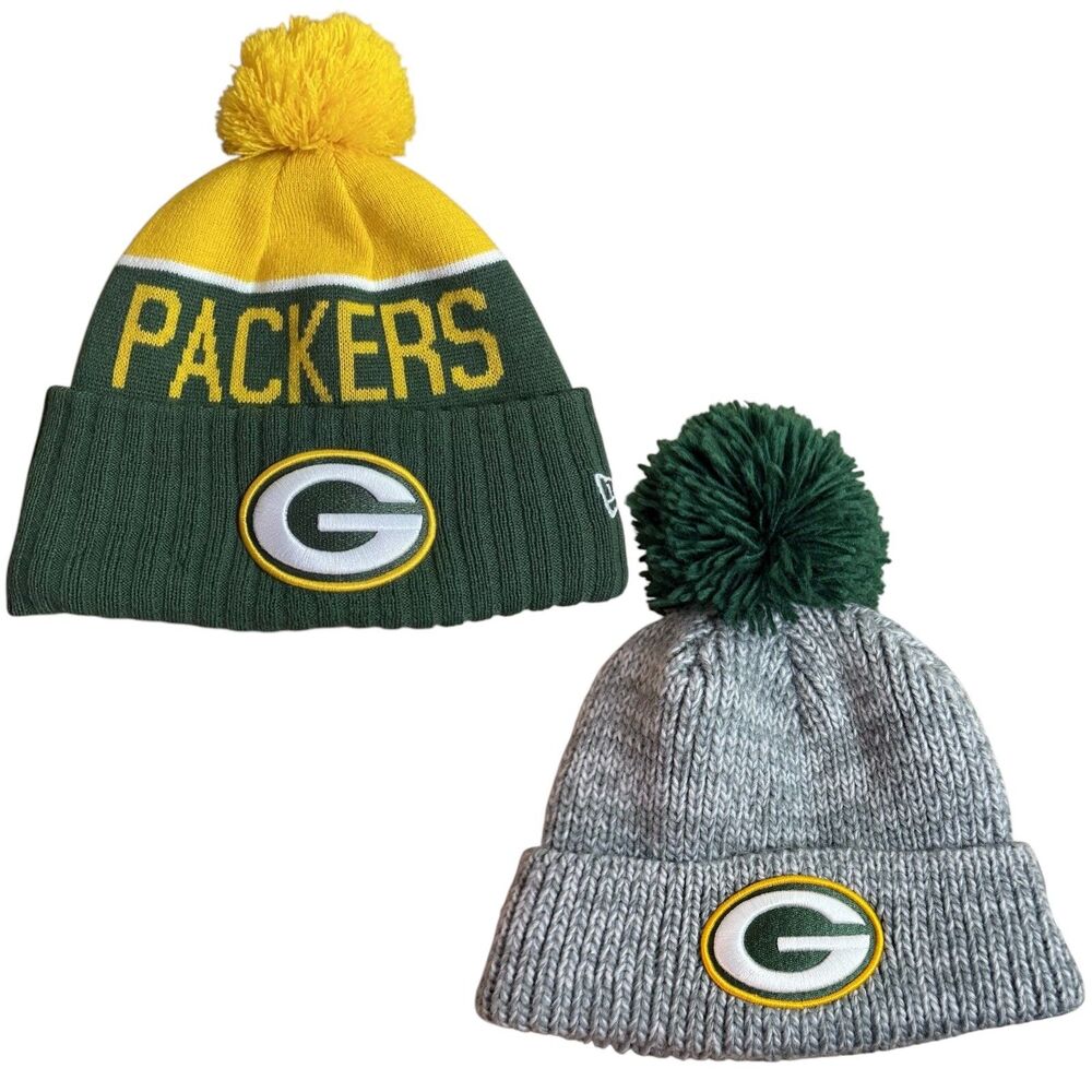 Lot 2 New Era NFL Green Bay Packers Cuffed Knit Pom Beanie Hat One Size Game Day